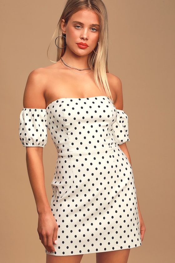 white polka dot off the shoulder dress