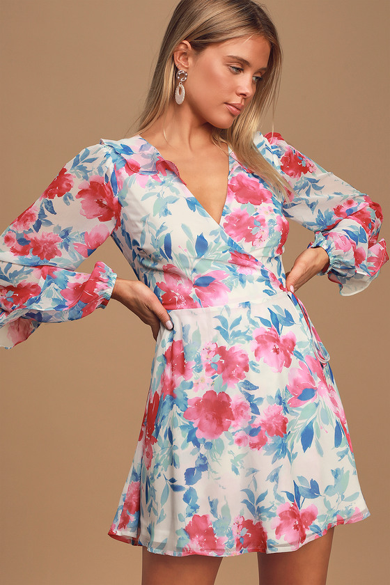 Cute Floral Print Dress Ruffled Long Sleeve Dress Wrap Dress Lulus