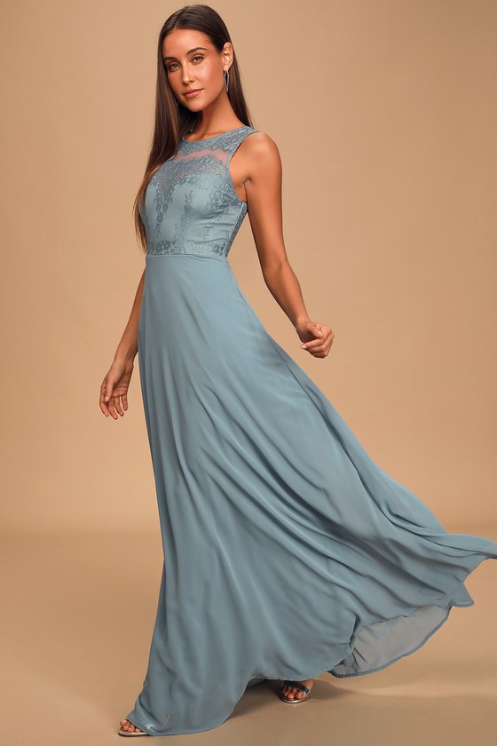 Lovely Slate Blue Dress - Maxi Dress - Sleeveless Lace Dress - Lulus