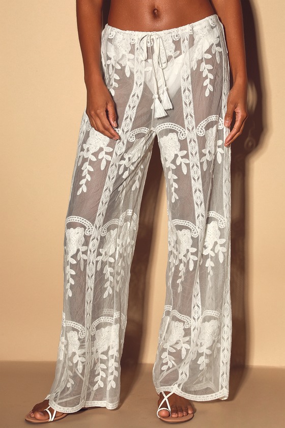 Island of Love Ivory Embroidered Sheer Swim Cover-Up Pants