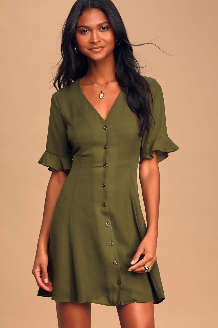 Cute Olive Green Dress - Button-Up Dress - Mini Dress - Lulus