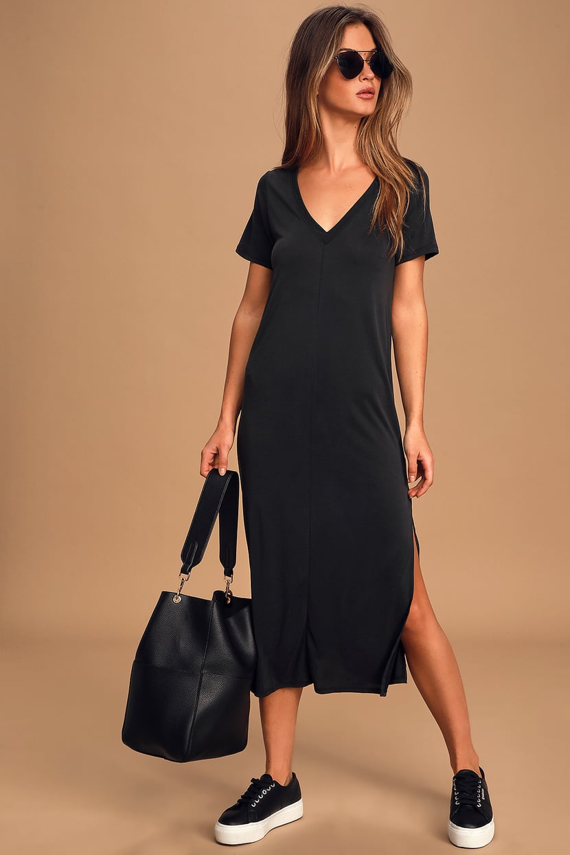 Cute Black Midi - Short Sleeve Midi Dress - Midi Dress - Lulus
