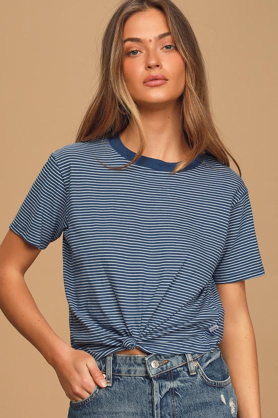 RVCA Radley Tee - Navy Blue Striped Top - Cute Knot Front T-Shirt - Lulus