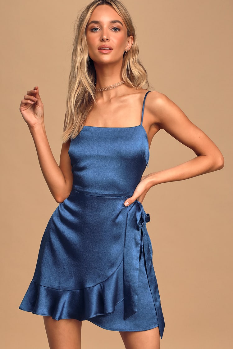 Chic Navy Blue Dress - Satin Mini Dress - Faux-Wrap Dress - Lulus