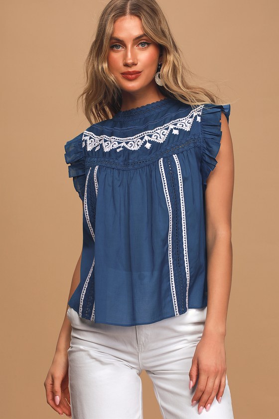 Blue Embroidered Top - Lace Ruffle Top - Embroidered Blouse - Lulus