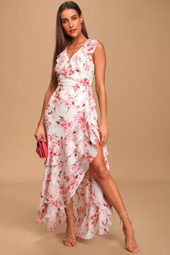 Lovely White Floral Dress Ruffled Maxi Dress Wrap Dress Lulus 2994