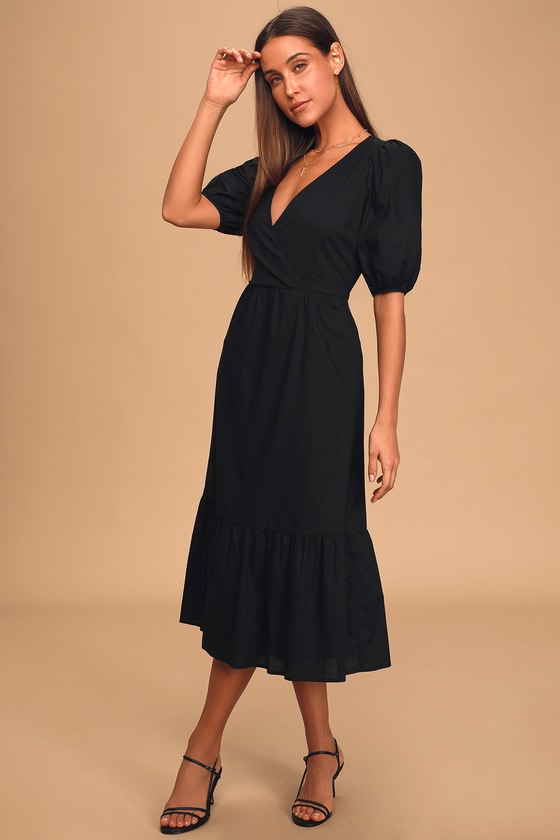 Black Midi Dress - Trendy Puff Sleeve Dress - Surplice Dress - Lulus