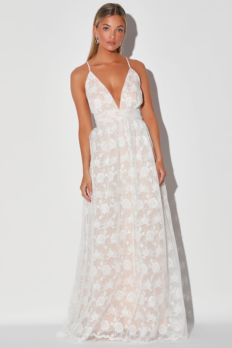White Embroidered Gown - Backless Dress - A-Line Maxi Dress - Lulus