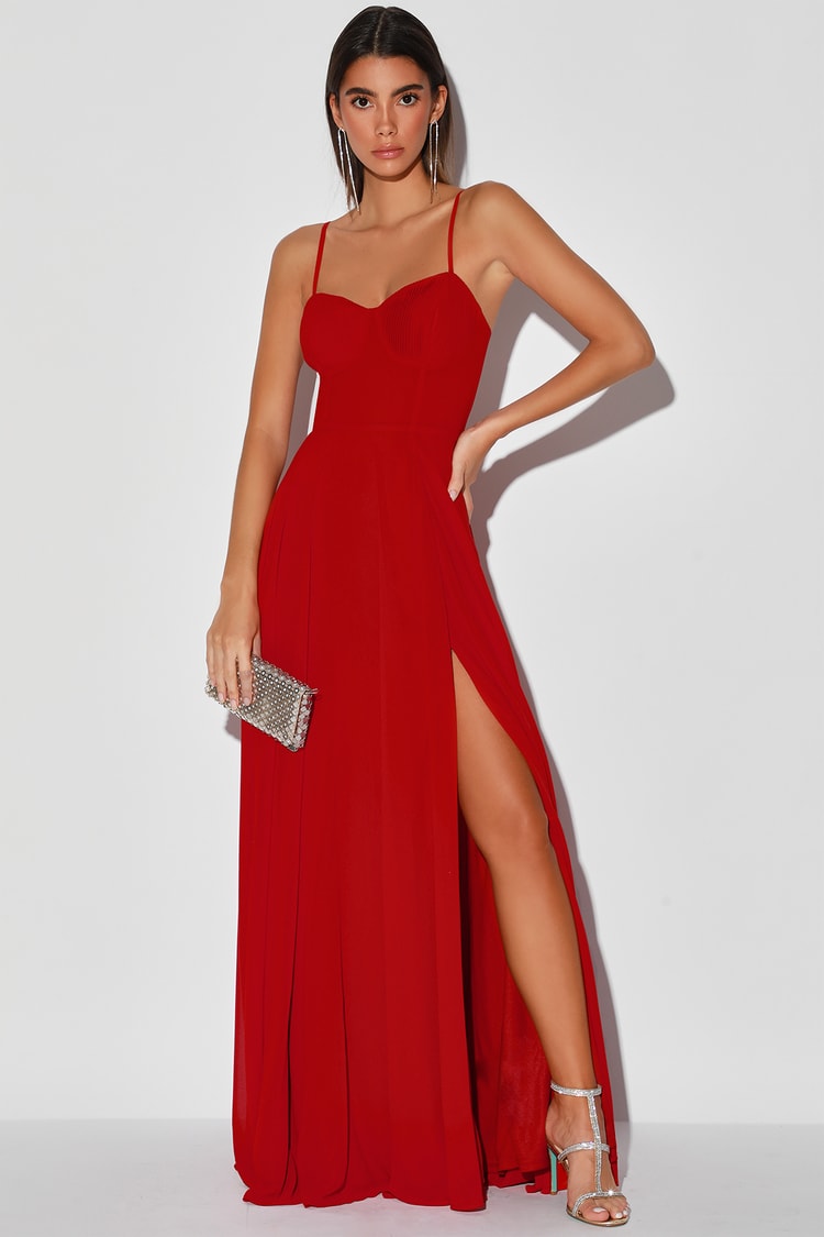 Sexy Red Maxi Dress - Bustier Maxi Dress - Side Slit Maxi Dress - Lulus