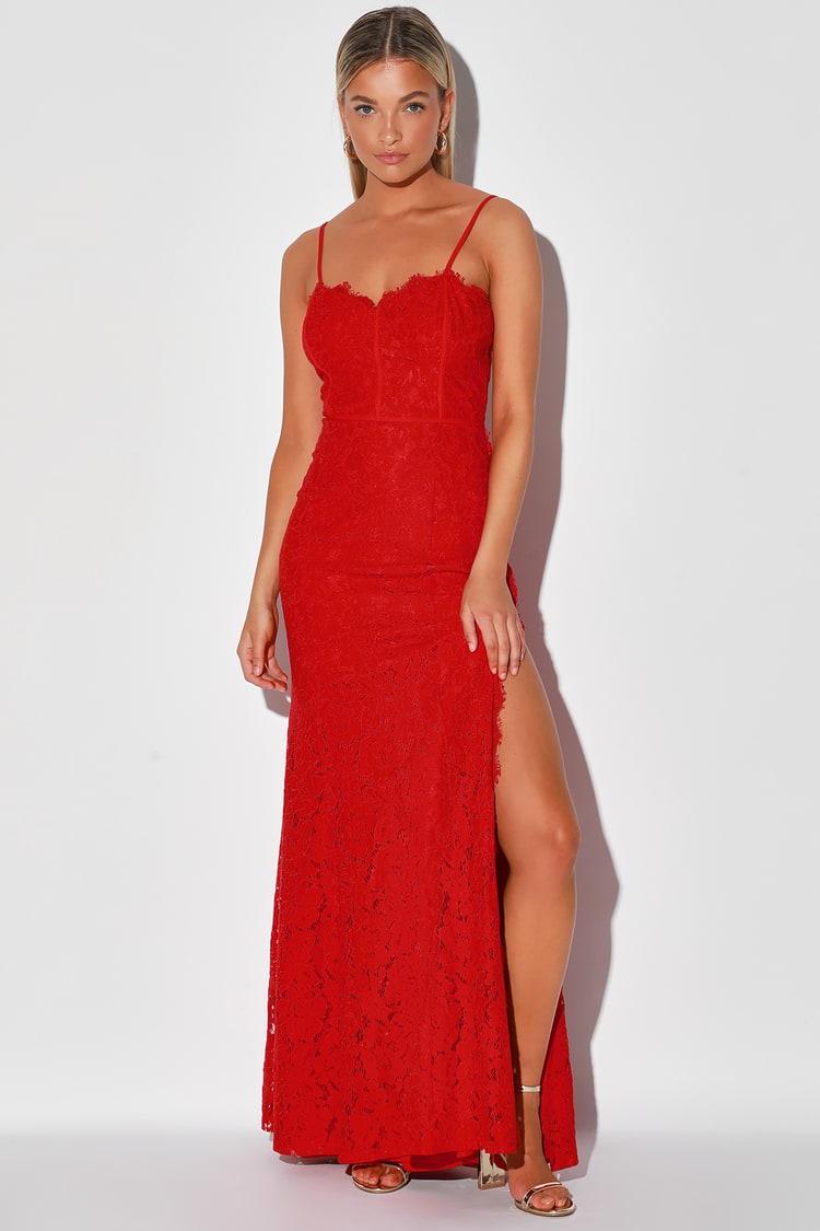 Sultry Red Maxi Dress - Floral Lace Maxi Dress - Side Slit Hem Lulus
