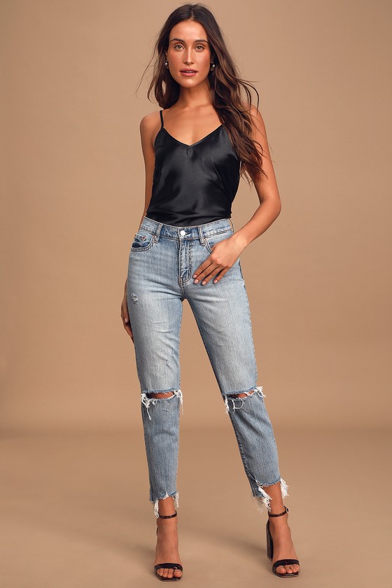 high rise distressed jeans