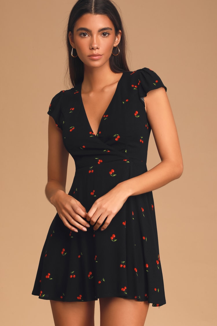 Cute Black Cherry Print Dress - Cherry Print Skater Dress - Lulus
