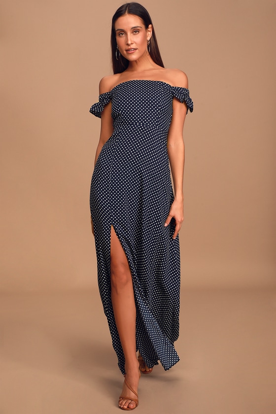 Navy Blue Dress - Polka Dot Dress - Off-the-Shoulder Maxi - Lulus