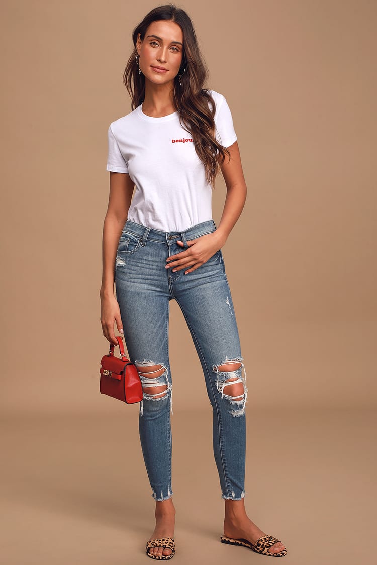 Cute Medium Wash Jeans - High Waisted Jeans - Skinny Jeans - Lulus