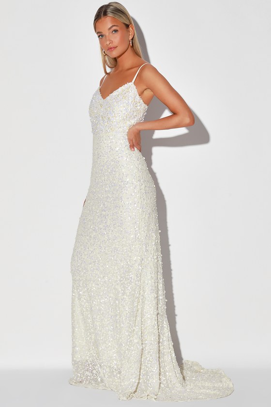 Sequin Wedding Dress - V-Neck Sequin Gown - Train Bridal Dress - Lulus