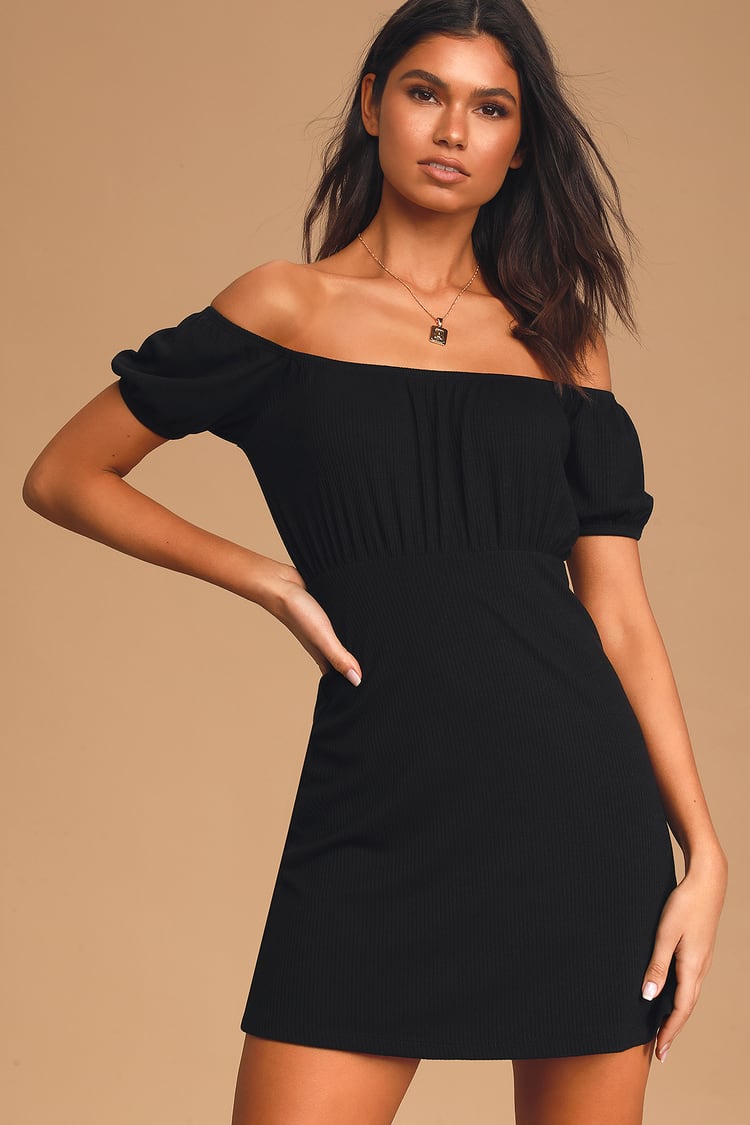 Cute Black Dress - Ribbed Mini Dress - Off-the-Shoulder Dress - Lulus