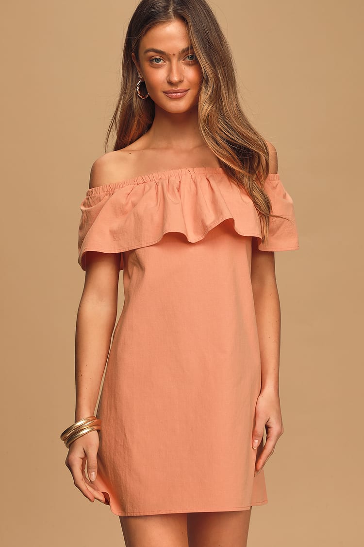 Cute Coral Orange Dress - Off-the-Shoulder Dress - Shift Dress - Lulus
