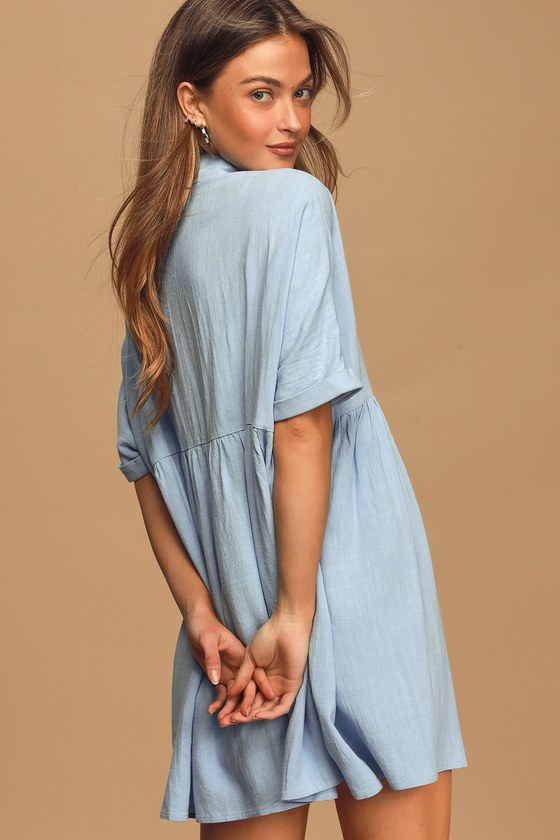 Dearest Love Light Blue Short Sleeve Button Up Babydoll Dress