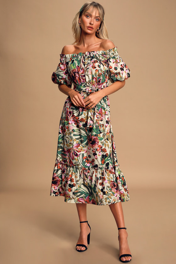 Beige Midi Dress Floral Print Dress Off The Shoulder Midi Lulus