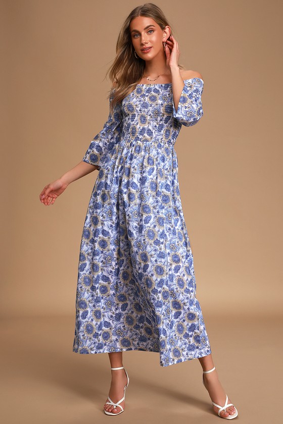 Blue Floral Print Dress Smocked Maxi Dress Ots Maxi Dress Lulus