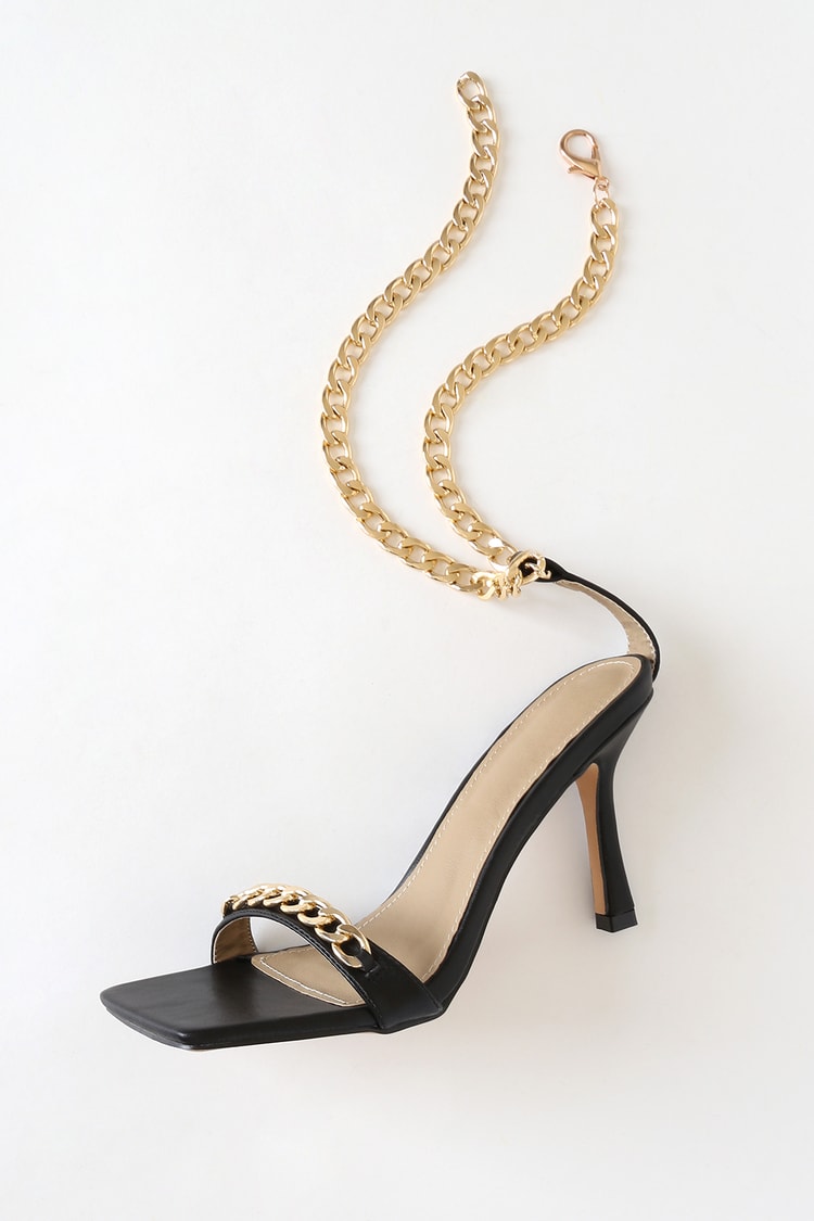 Sexy Black and Gold Chain Heels - High Heel Sandals - Ankle Strap - Lulus