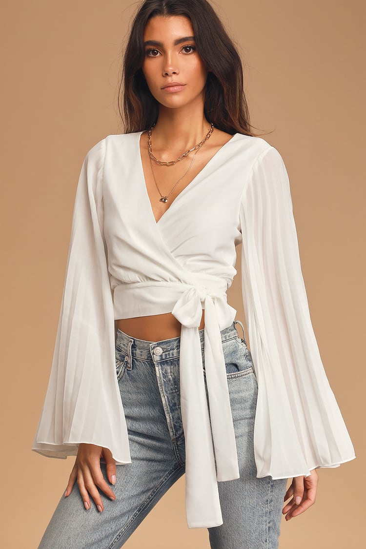 White Wrap Top - Pleated Bell Sleeve Wrap Top - Cropped Wrap Top - Lulus