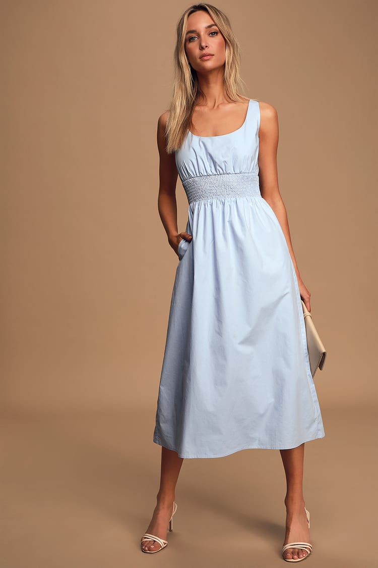 Cute Light Blue Dress - Sleeveless Midi Dress - Smocked Dress - Lulus