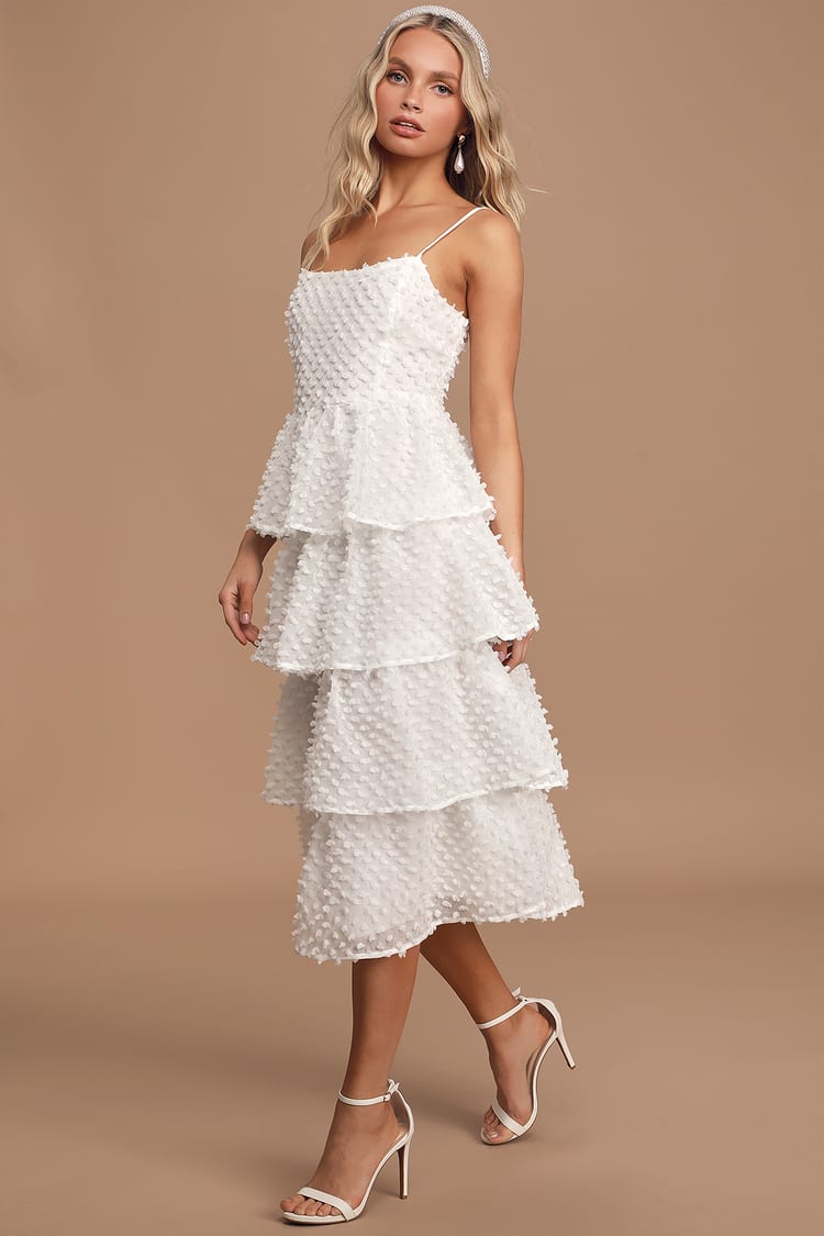 Cute White Tiered Dress - Pom Pom Midi Dress - Ruffled Midi Dress - Lulus