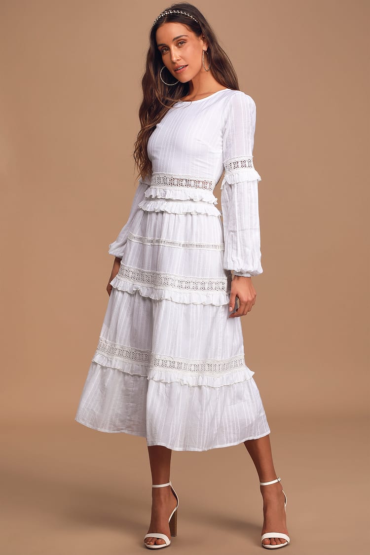 Cute White Prairie Dress - Long Sleeve Midi Dress - Tiered Ruffle - Lulus