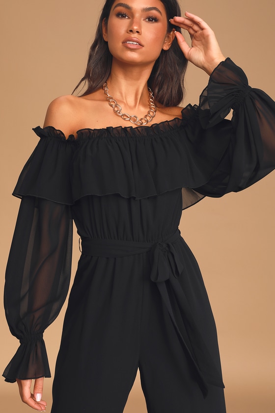 Cute Black Jumpsuit Ruffled Ots Jumpsuit Wide Leg Jumpsuit Lulus