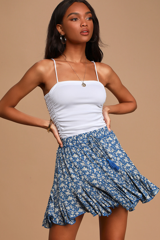 Cute Blue Floral Print Skirt Blue Tassel Skirt Mini Skirt Lulus