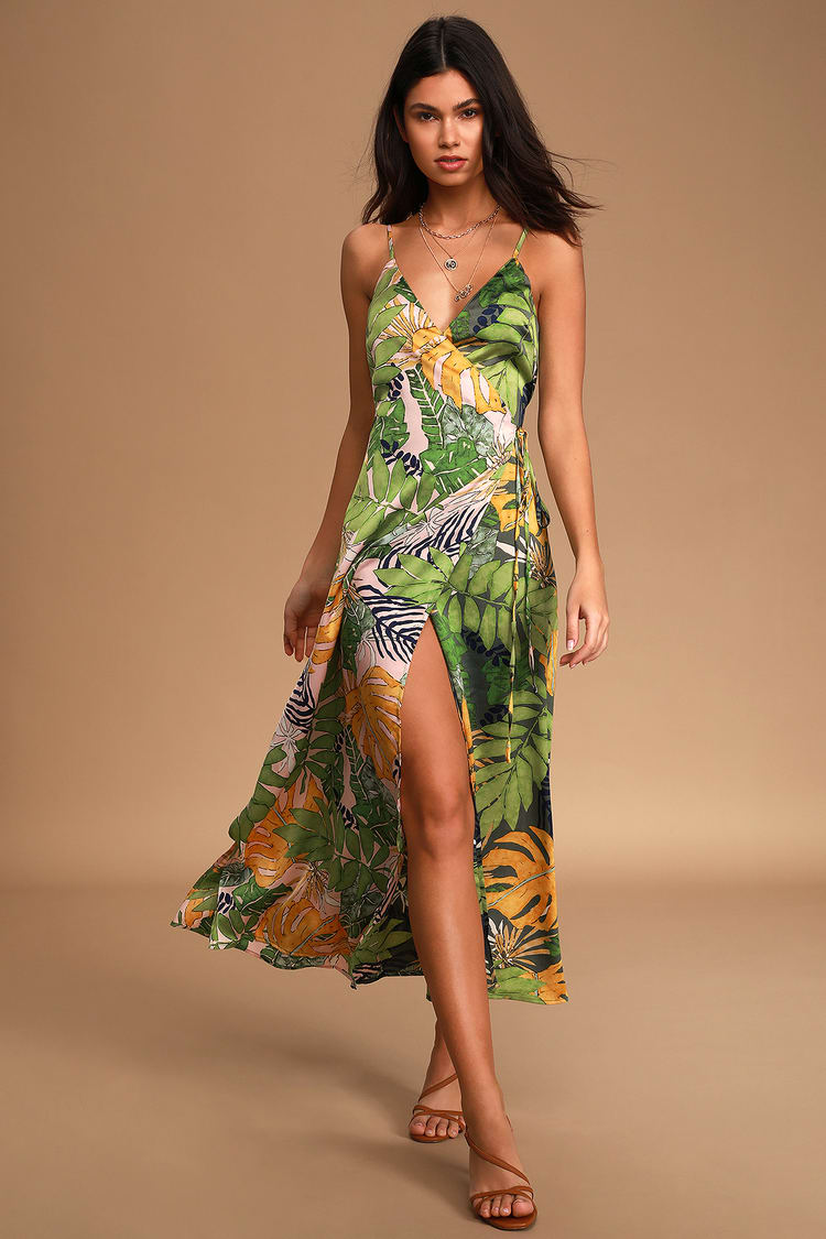 Pinch Leaf Print Wrap Dress - Satin Midi Dress - Sleeveless Dress - Lulus