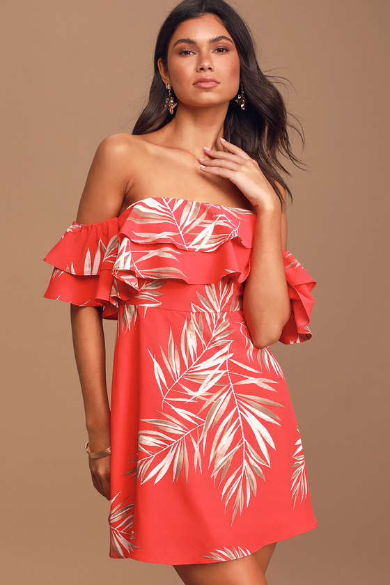 Cute Bright Coral Dress - Leaf Print Dress - Mini Dress - Lulus