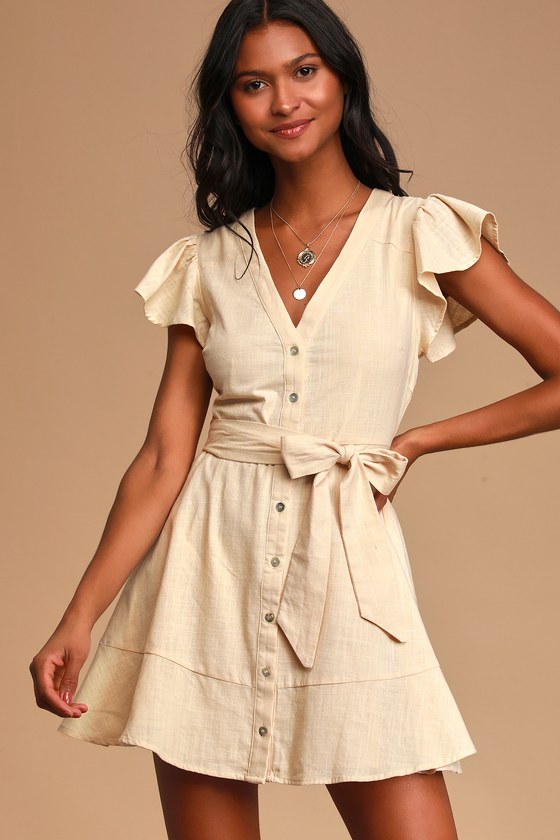 Breezy Beige Dress - Button-Up Dress - Cotton Mini Dress - Lulus