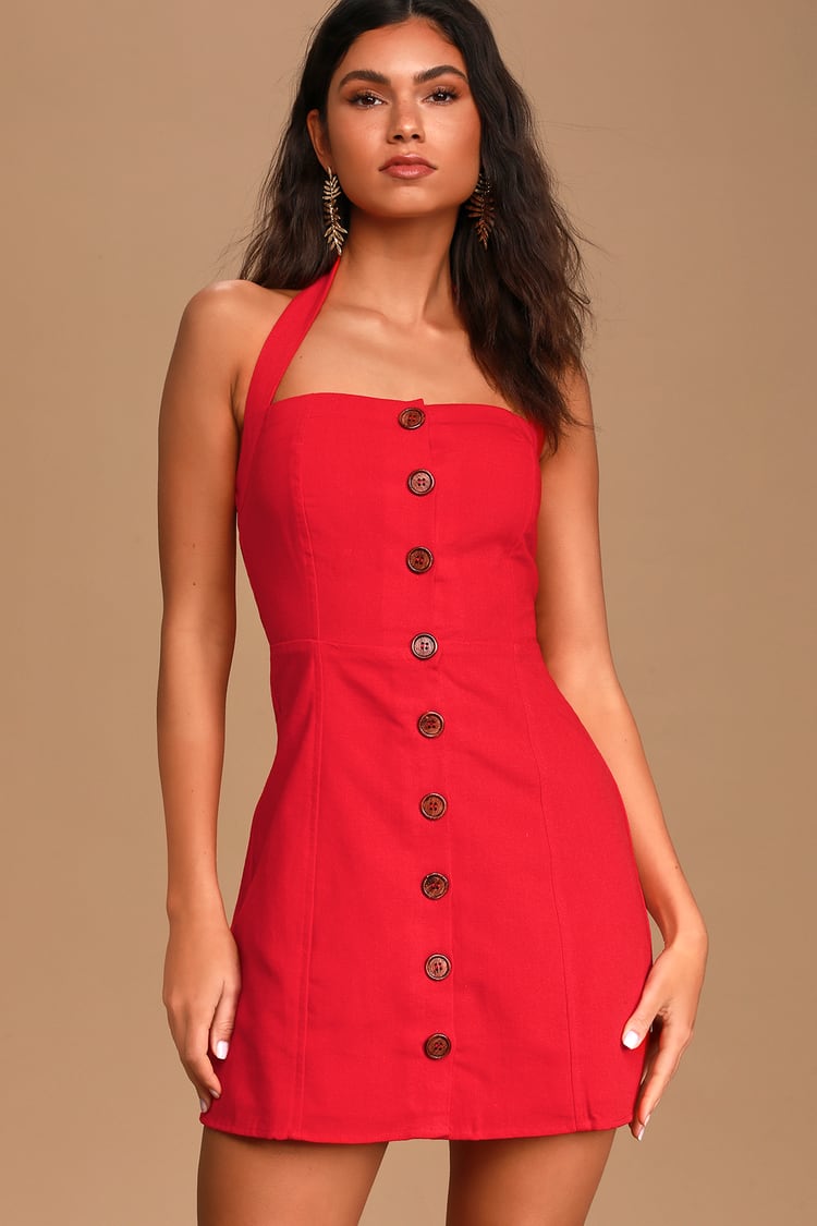 Cute Red Mini Dress - Halter Dress - Button-Front Mini Dress - Lulus