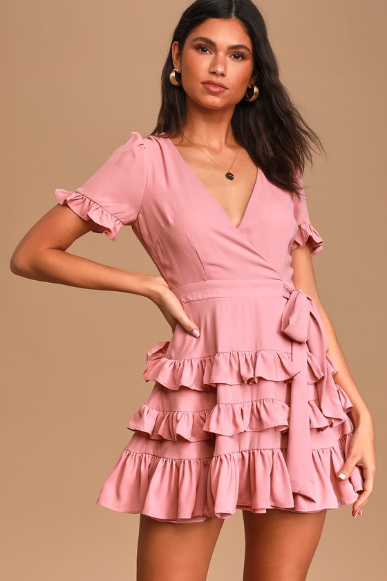 Faux Wrap Mauve Pink Dress - Ruffled Mini Dress - Tiered Dress - Lulus
