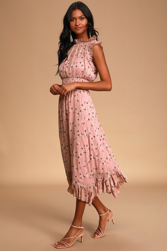 Ruffled Floral Dress Pink Floral Midi Dress Chiffon Dress Lulus 5245