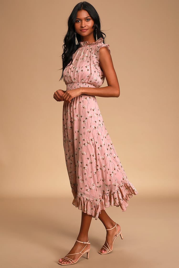 Ruffled Floral Dress - Pink Floral Midi Dress - Chiffon Dress - Lulus