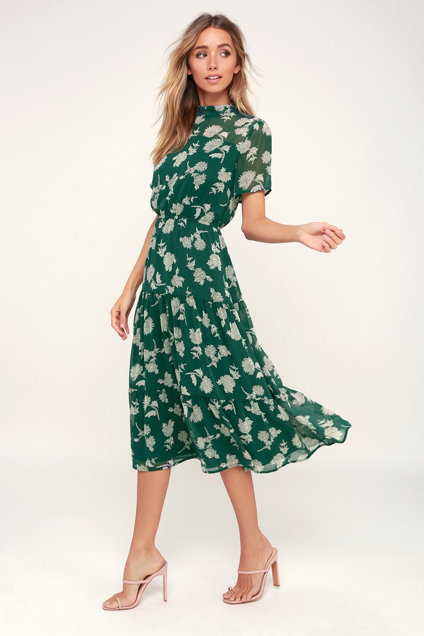 Dark Green Floral Print Dress - Midi Dress - Short Sleeve Dress - Lulus