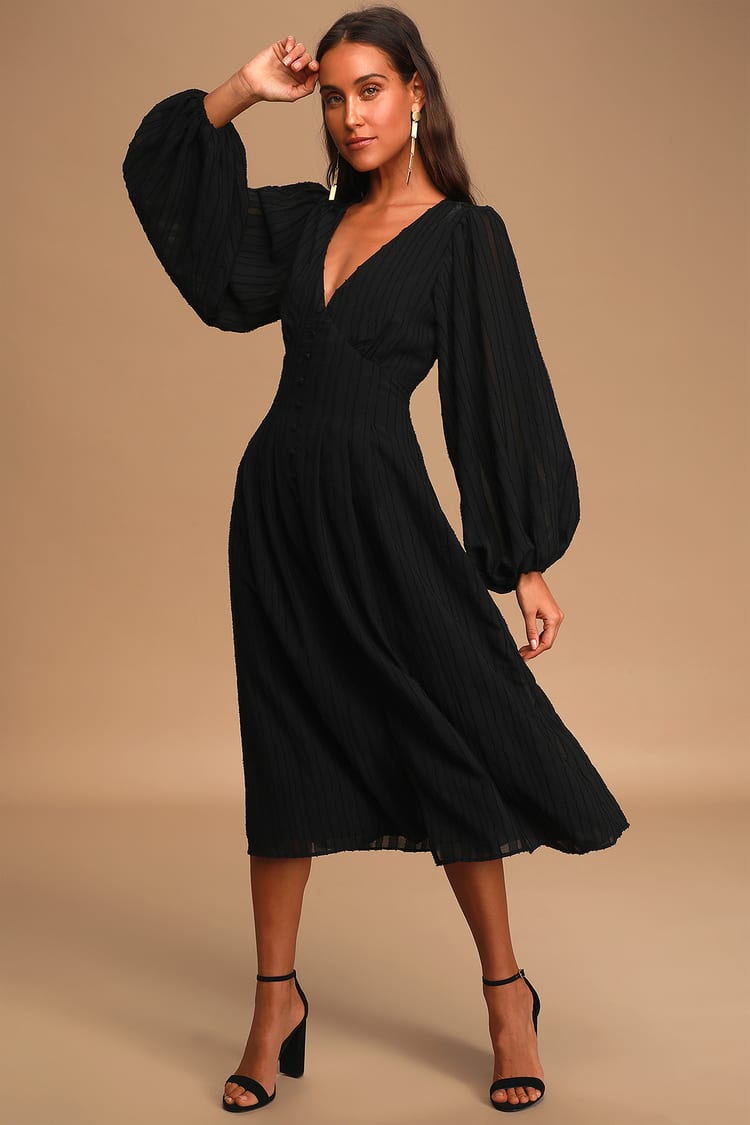Cute Black Midi Dress - Long Sleeve Dress - Button Front Dress - Lulus