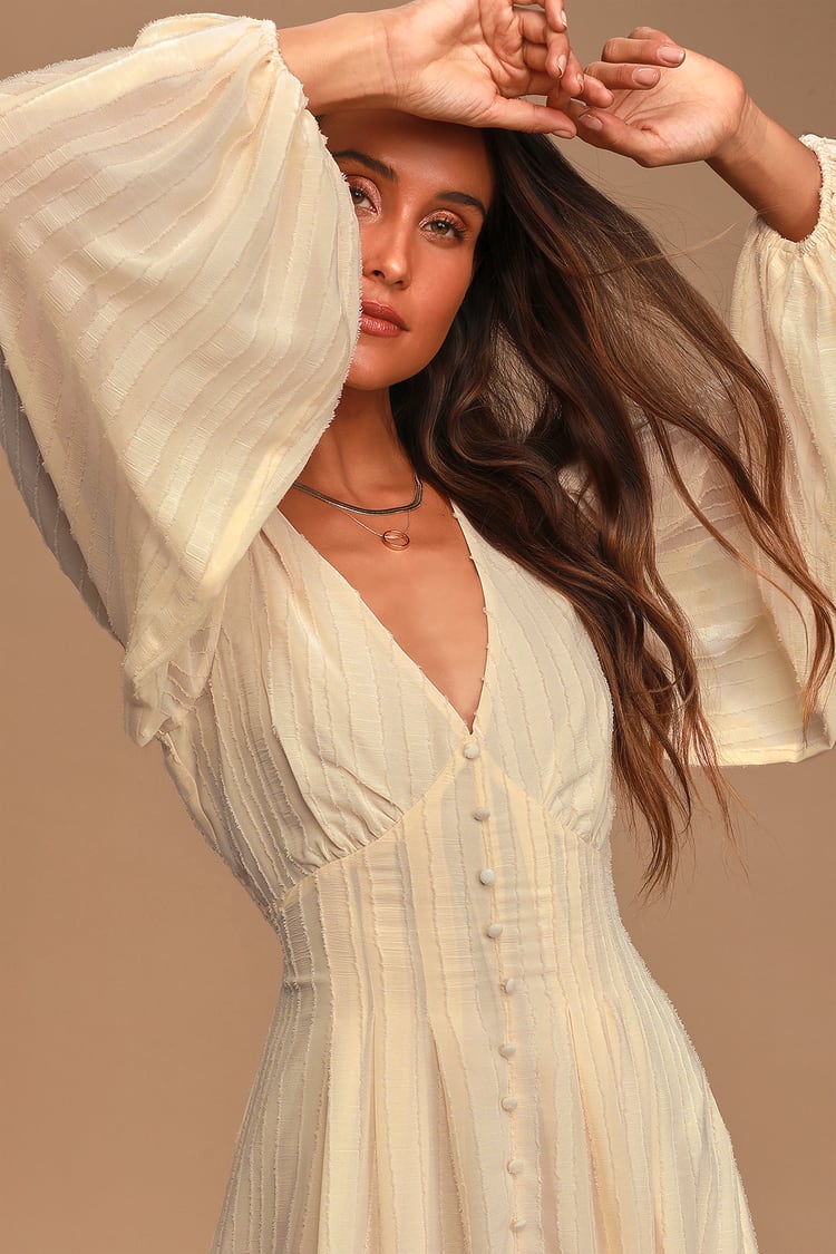 Cute Cream Midi Dress - Long Sleeve Dress - Button Front Dress - Lulus