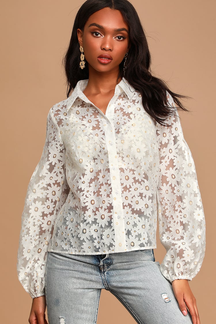 Cute White Top - Floral Lace Top - Button-Up Top - Organza Top - Lulus
