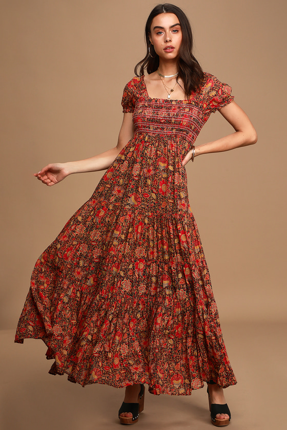 Free People Getaway- Red Floral Print Dress - Tiered Maxi Dress - Lulus