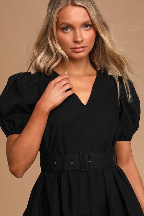 Cute Black Midi Dress - Puff Sleeve Midi - Belted Midi Dress - Lulus