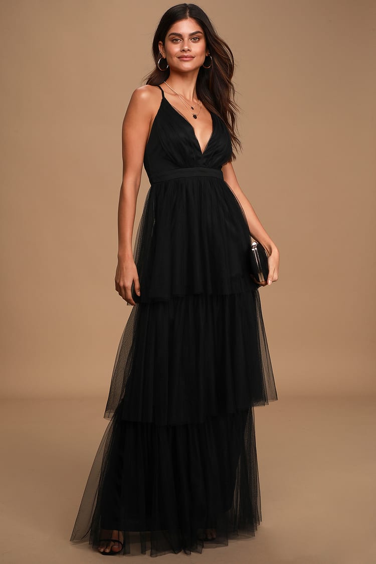 Black Tulle Maxi Dress - Backless Maxi - Tiered Tulle Gown - Lulus