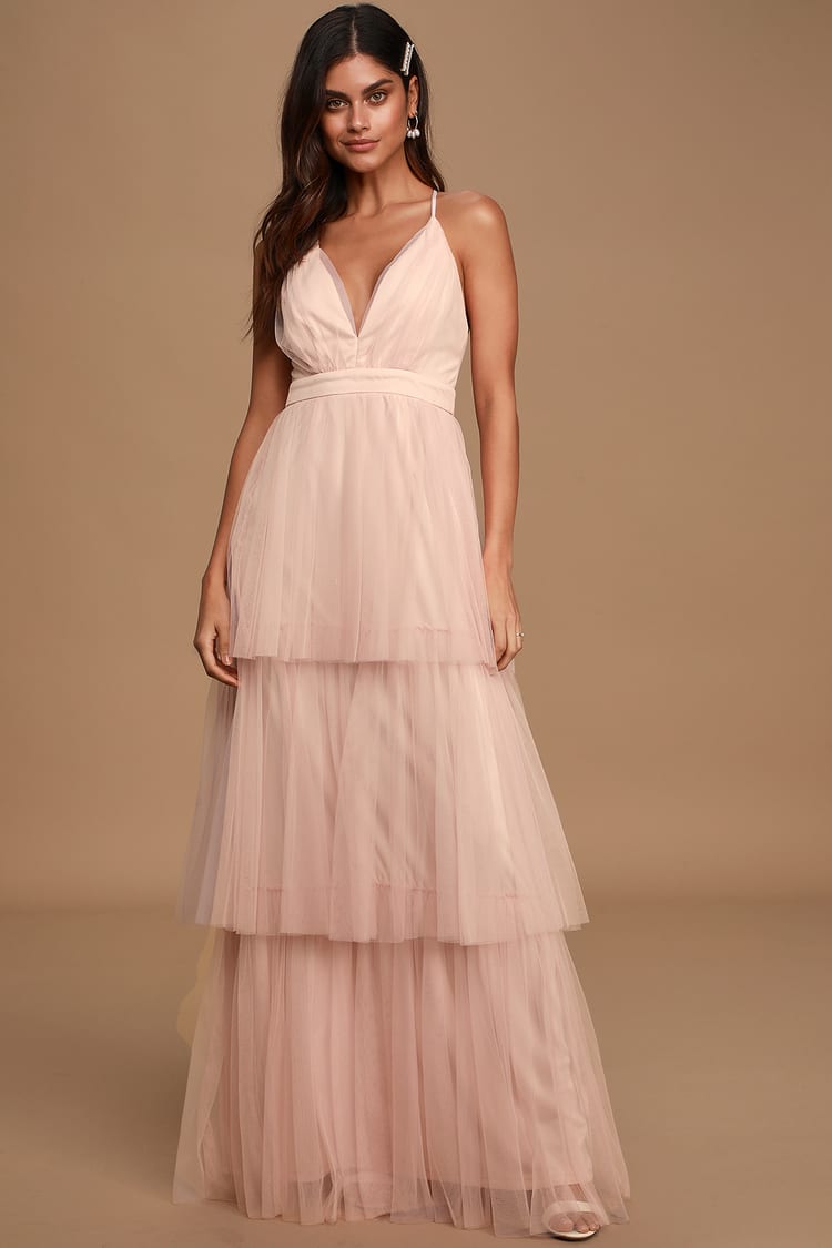 Light Blush Tulle Maxi Dress - Backless Maxi - Tiered Tulle Gown - Lulus