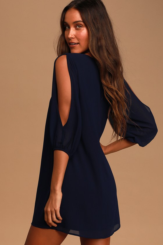 navy blue cold shoulder dress