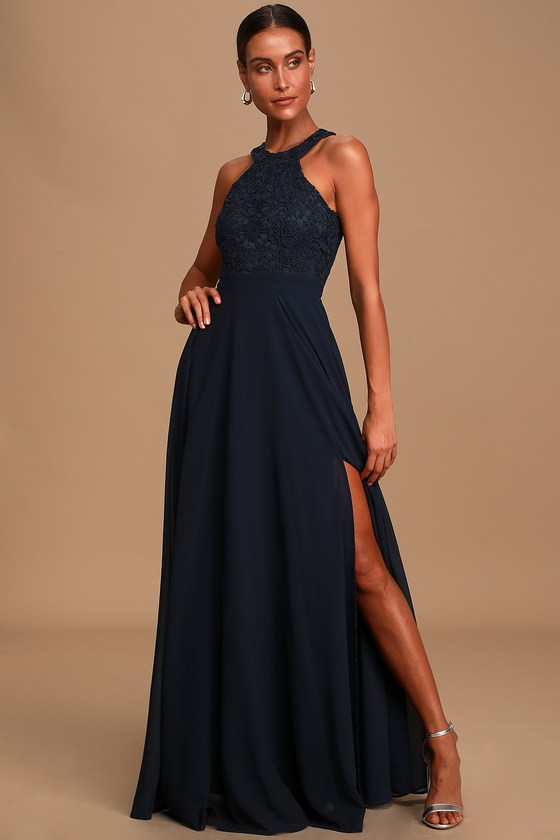 Elegant Navy Blue Maxi Dress - Lace Dress - Halter Maxi Dress - Lulus