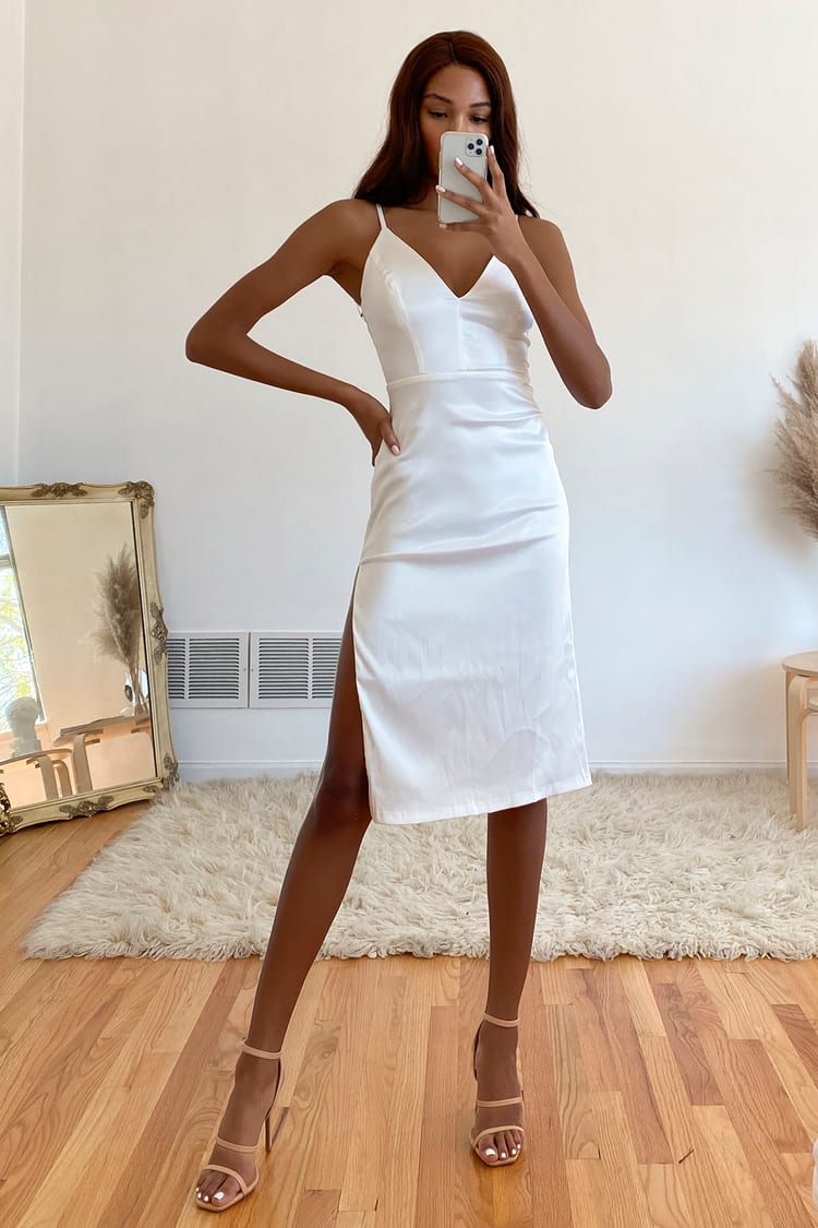 Sexy White Satin Dress - Embroidered Lace Dress - Lace Midi Dress - Lulus