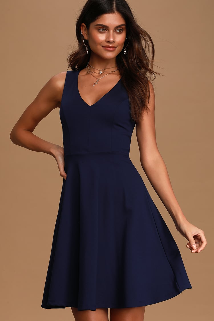 Cute Skater Dress - Stretch Knit Dress - Navy Blue Dress - Lulus
